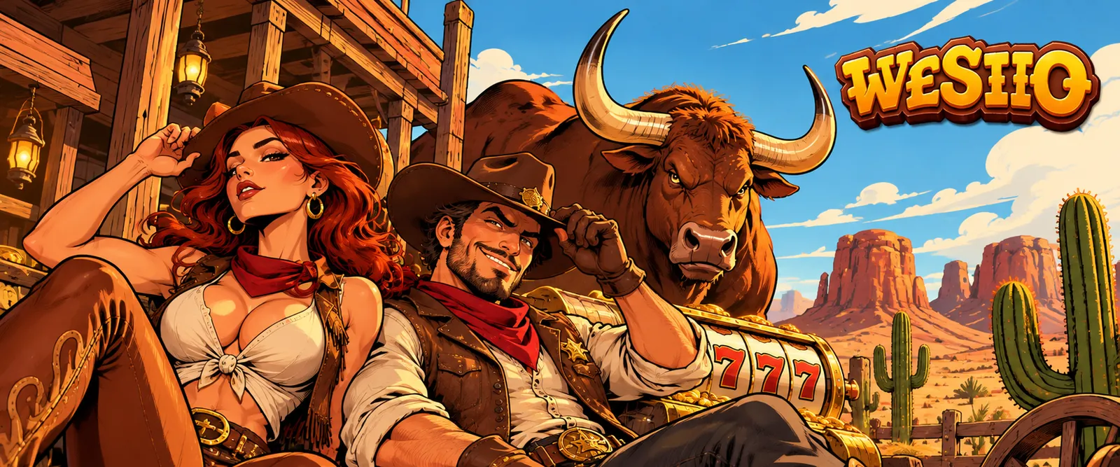 Cowgirl and cowboy resting on a wagon full of gold coins