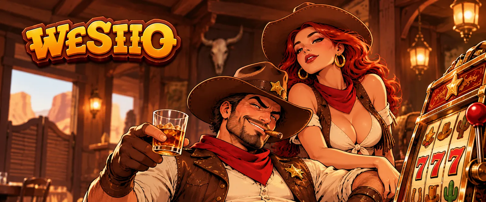 Cowboy with a whisky glass beside a 777 slot machine in the saloon